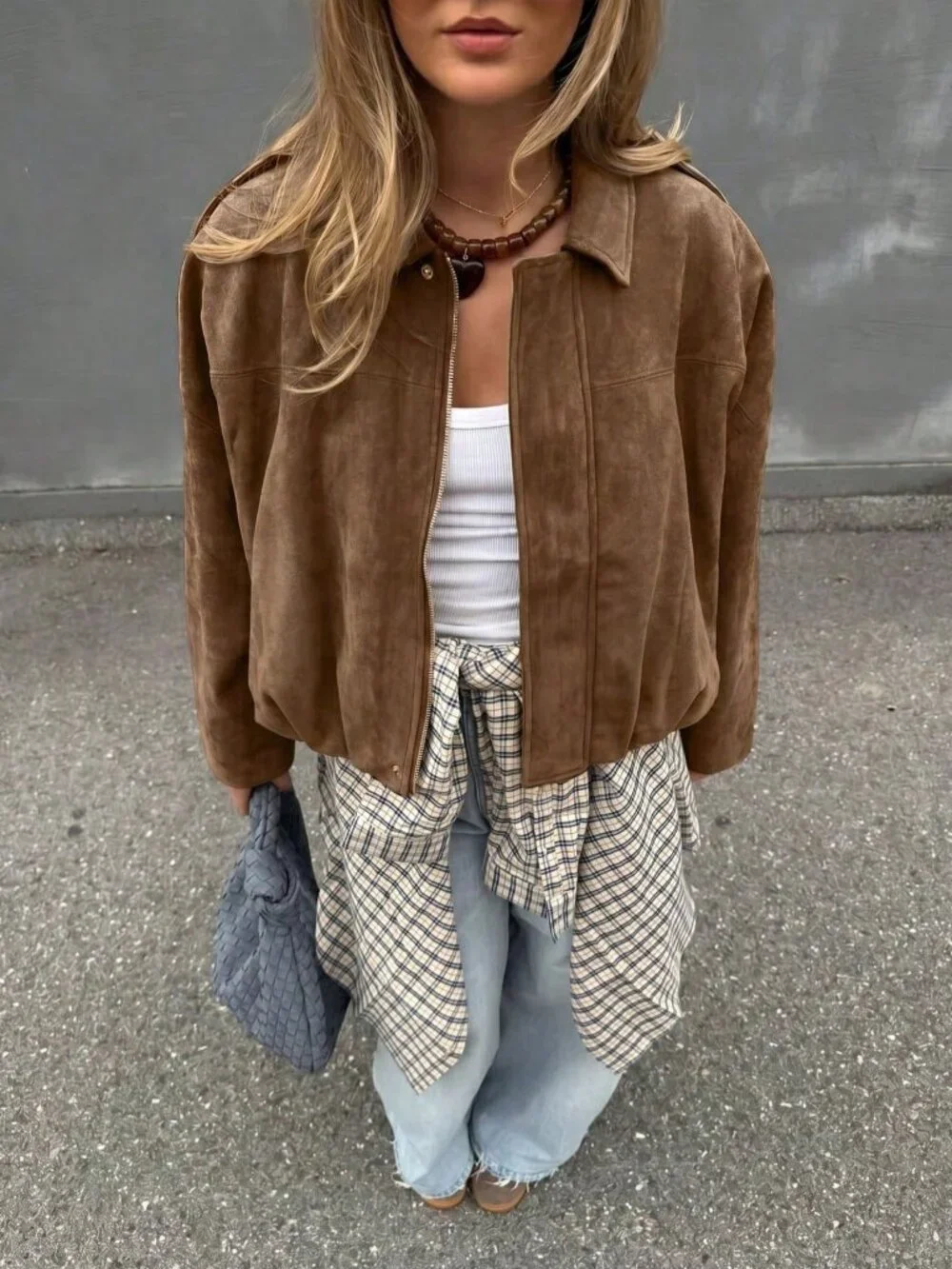 Earth Brown Casual Women's Zipper Pocket Loose Fit Bomber Jacket